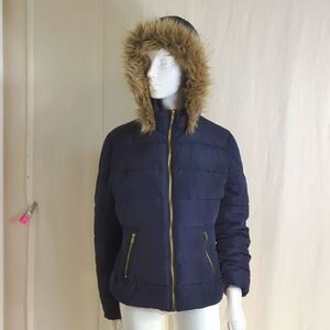 Divided H& M Navy Puffer Faux Fur Hooded Women's Jacket Size 10